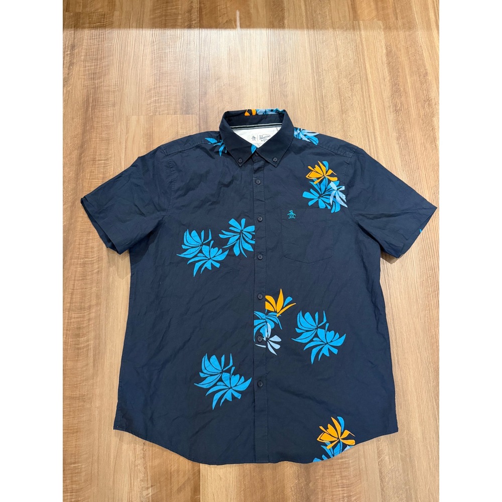 Original Penguin Button Down Shirt Mens L Navy Blue Floral Tropical Short Sleeve